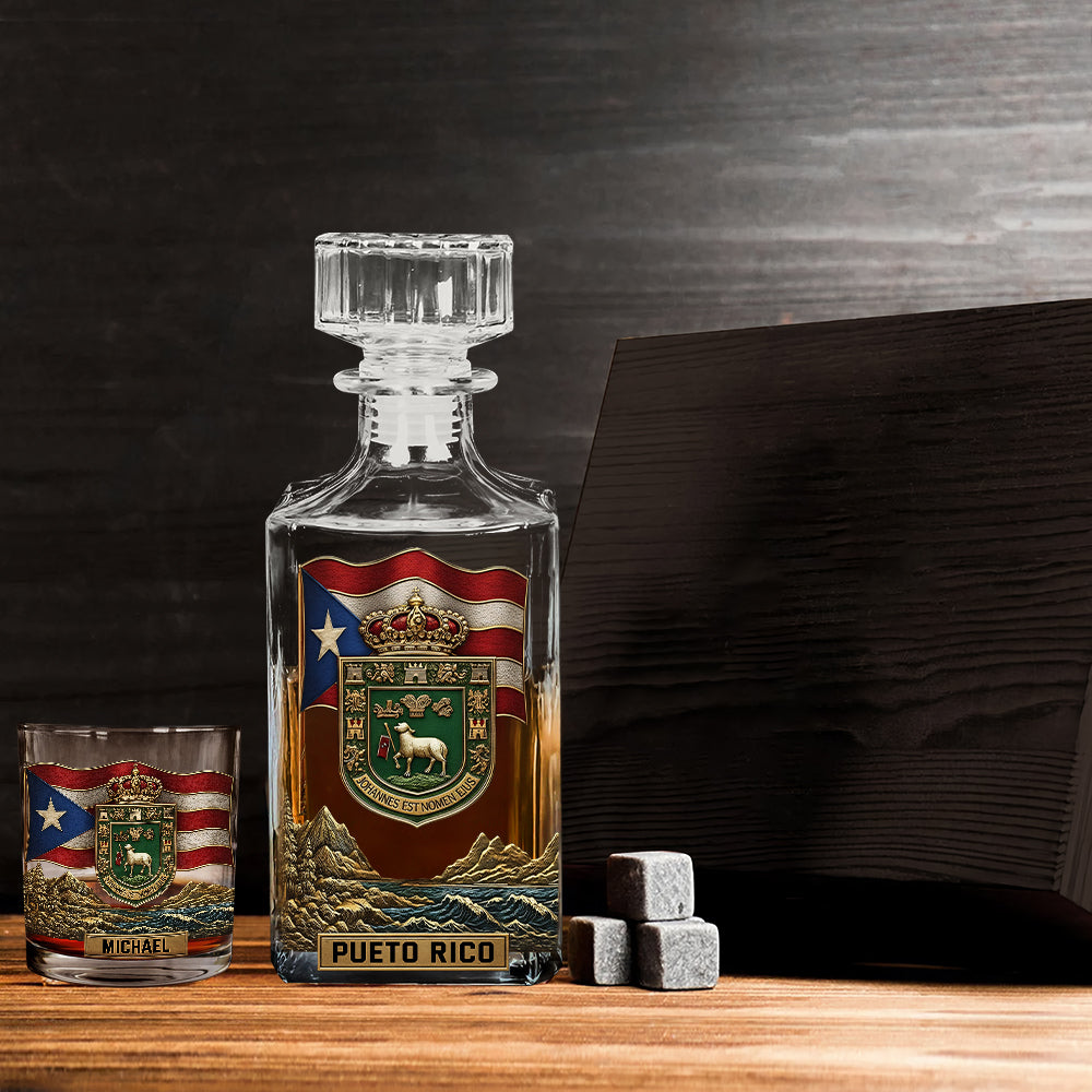 Puerto Rico Coat Of Arms, Joannes Est Nomen Ejus - Personalized Expats Whiskey Decanter Set