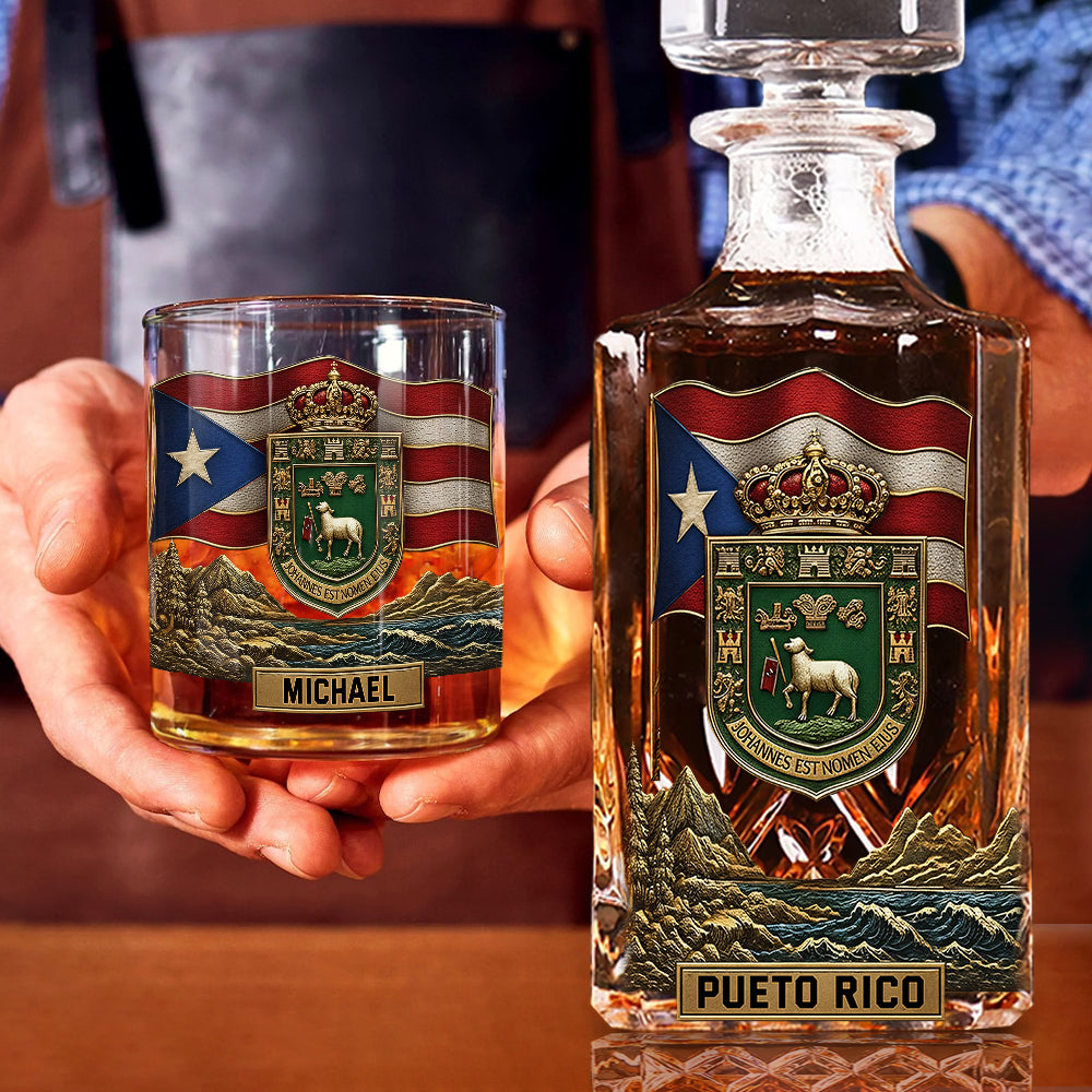 Puerto Rico Coat Of Arms, Joannes Est Nomen Ejus - Personalized Expats Whiskey Decanter Set