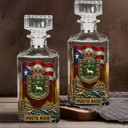 Puerto Rico Coat Of Arms, Joannes Est Nomen Ejus - Personalized Expats Whiskey Decanter Set