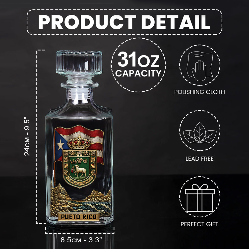 Puerto Rico Coat Of Arms, Joannes Est Nomen Ejus - Personalized Expats Whiskey Decanter Set