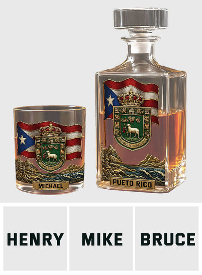 Puerto Rico Coat Of Arms, Joannes Est Nomen Ejus - Personalized Expats Whiskey Decanter Set