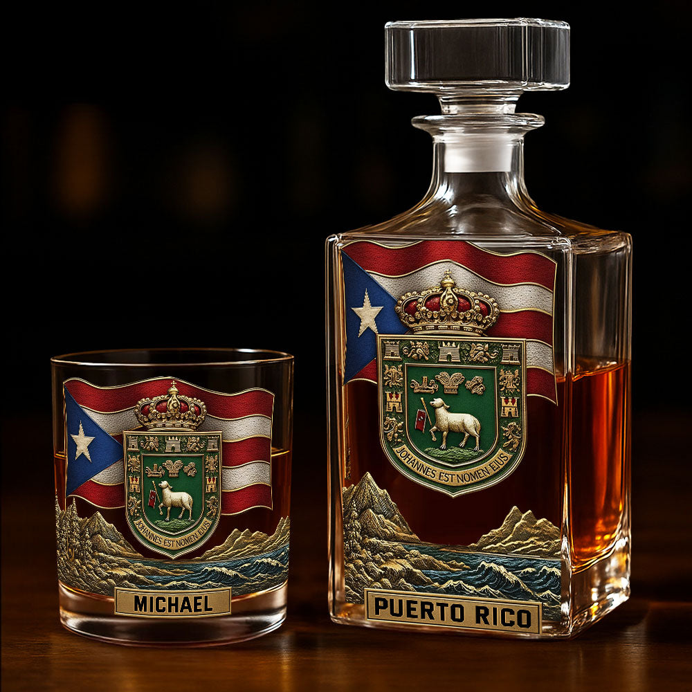Puerto Rico Coat Of Arms, Joannes Est Nomen Ejus - Personalized Expats Whiskey Decanter Set