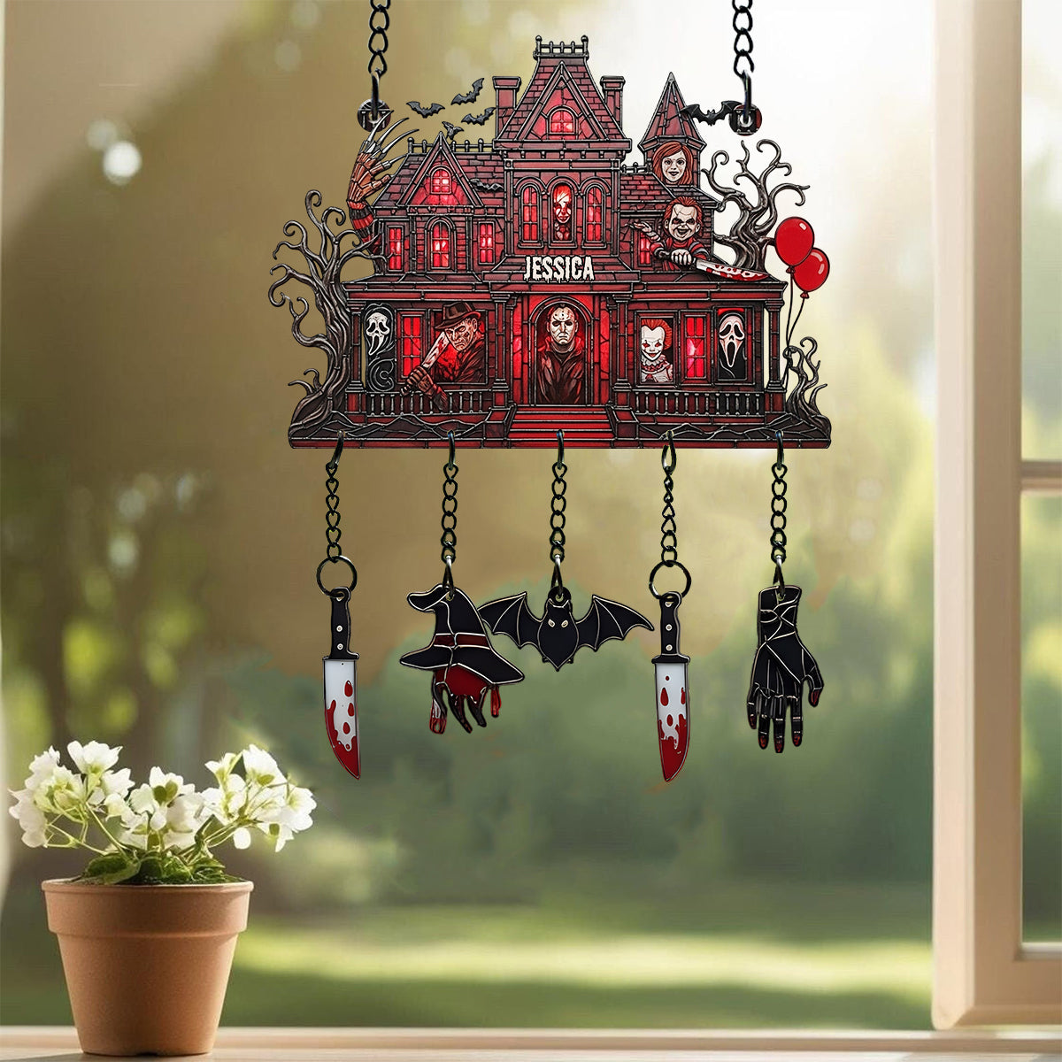 Spooky Haunted Mansion - Personalized Window Hanging Suncatcher With Charms