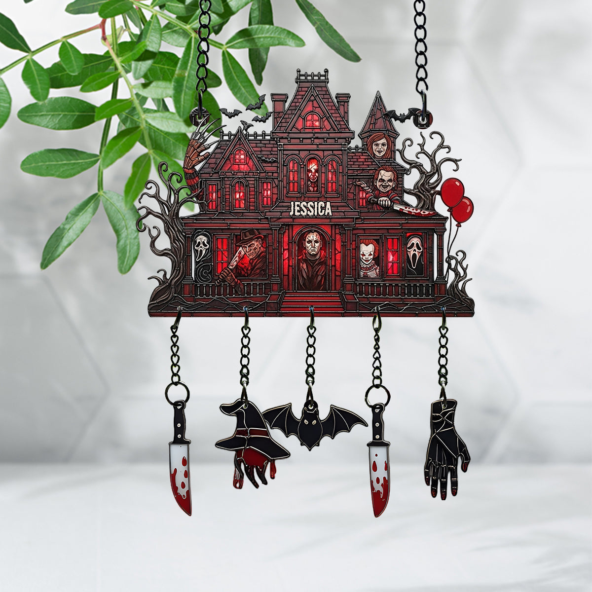 Spooky Haunted Mansion - Personalized Window Hanging Suncatcher With Charms