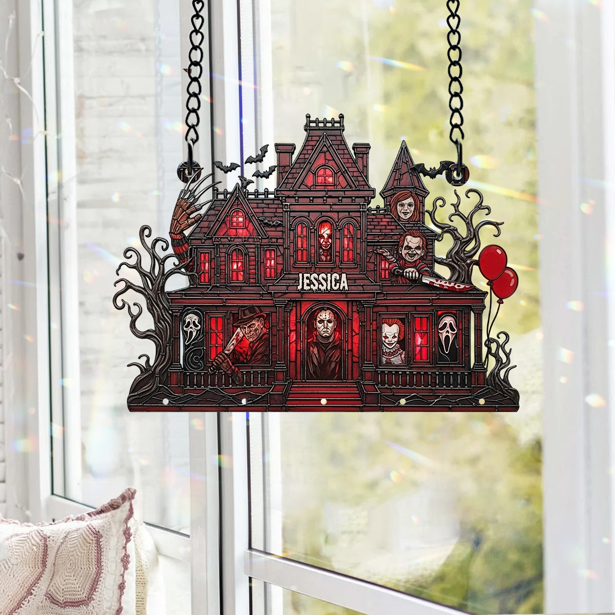 Spooky Haunted Mansion - Personalized Window Hanging Suncatcher With Charms