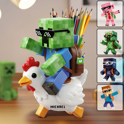 Gamer Back To School - Personalized Block World Wooden Pen Holder