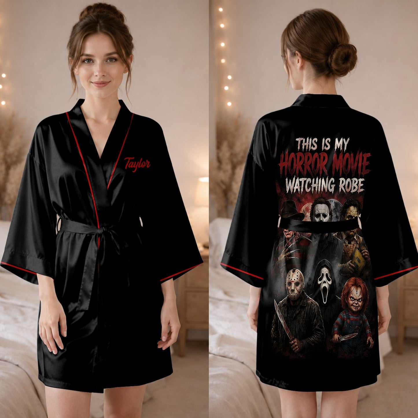 Horror Movie Watching Robe - Personalized Horror Character Satin Robe