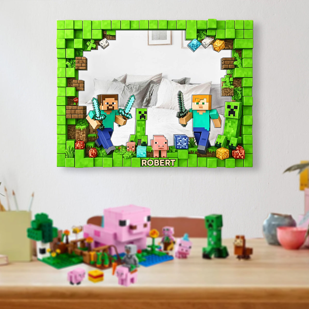 Cool Block Man - Personalized Block World Wall Hanging Mirror