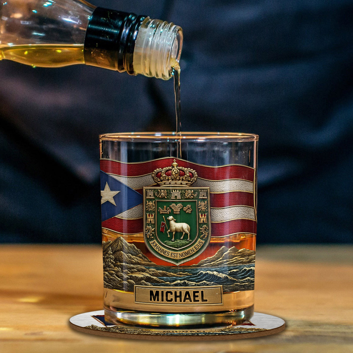 Puerto Rico Coat Of Arms, Joannes Est Nomen Ejus - Personalized Expats Whiskey Decanter Set