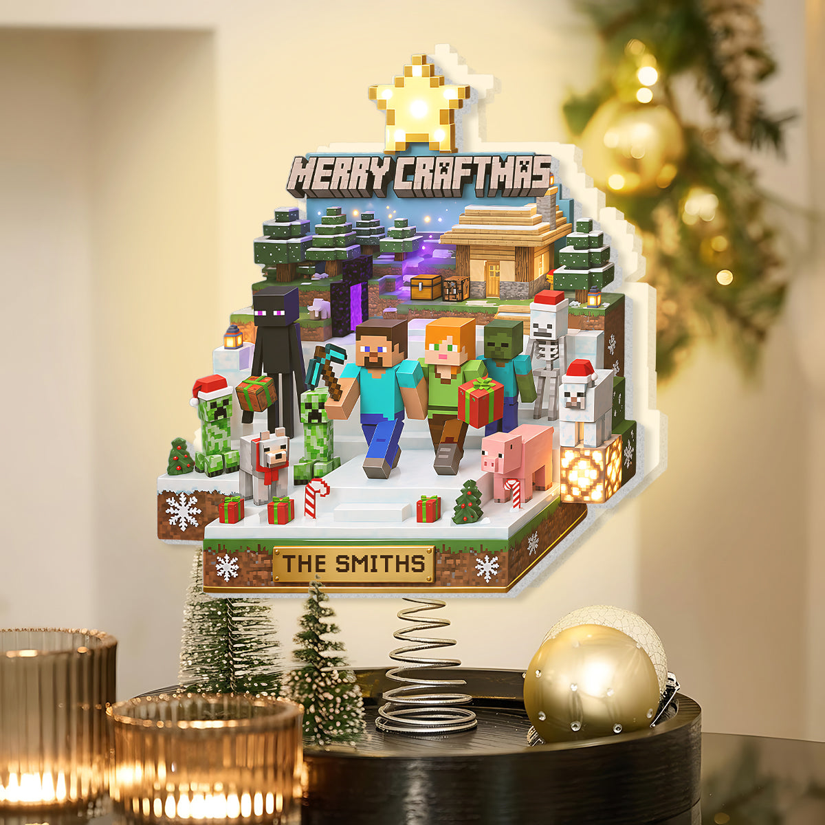 Merry Craftmas - Personalized Block World LED Light Tree Topper