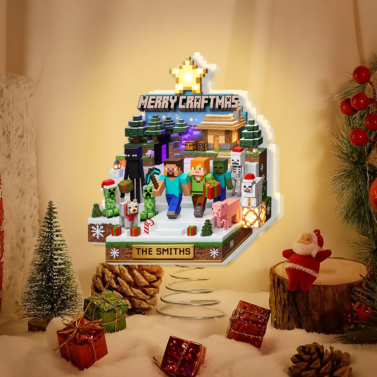Merry Craftmas - Personalized Block World LED Light Tree Topper