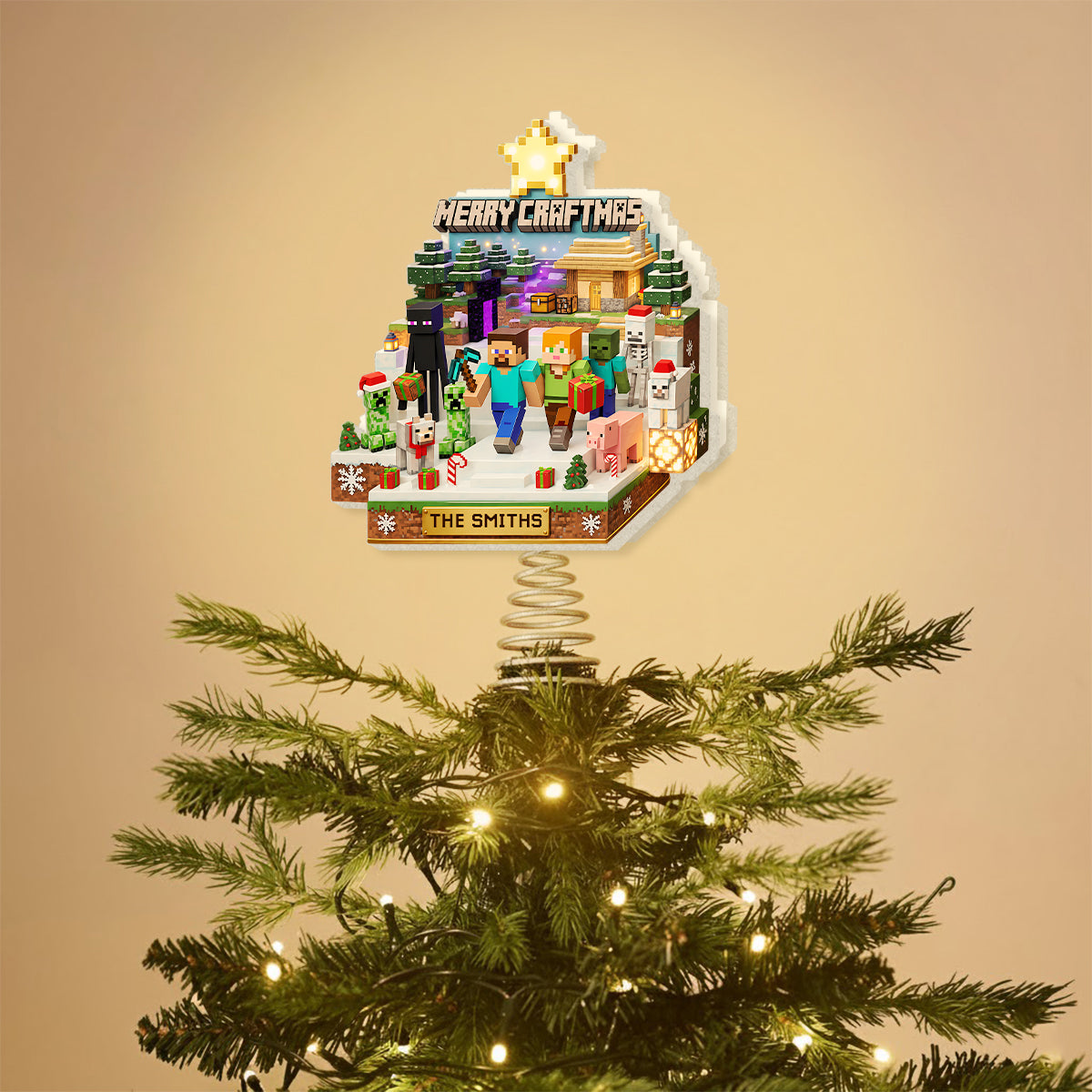 Merry Craftmas - Personalized Block World LED Light Tree Topper