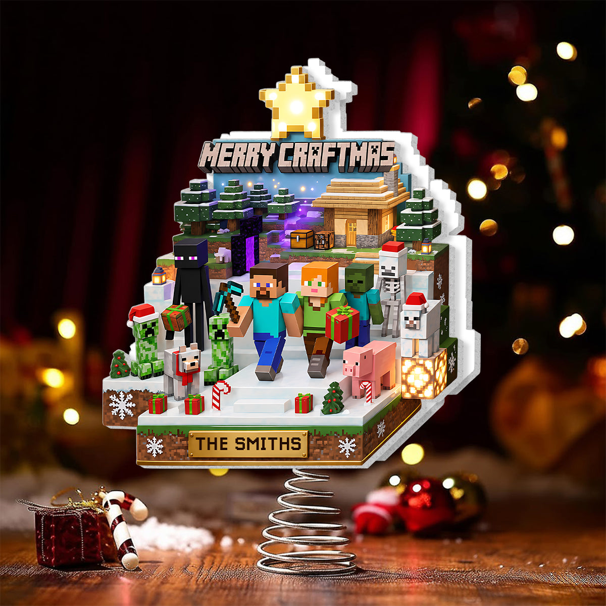 Merry Craftmas - Personalized Block World LED Light Tree Topper