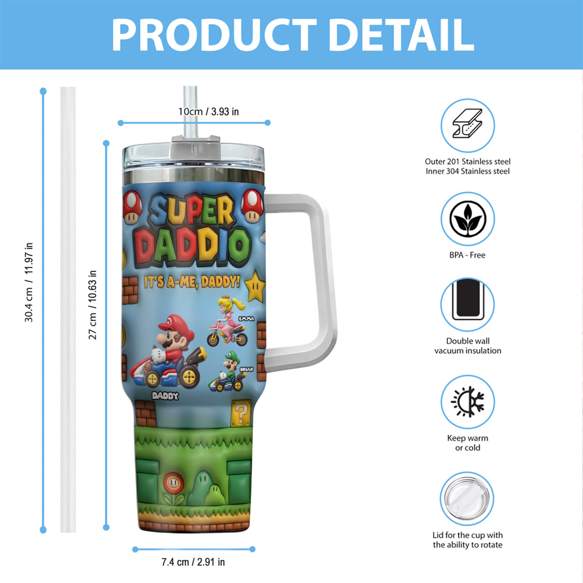 Super Daddio - Personalized Super Plumber Tumbler With Handle