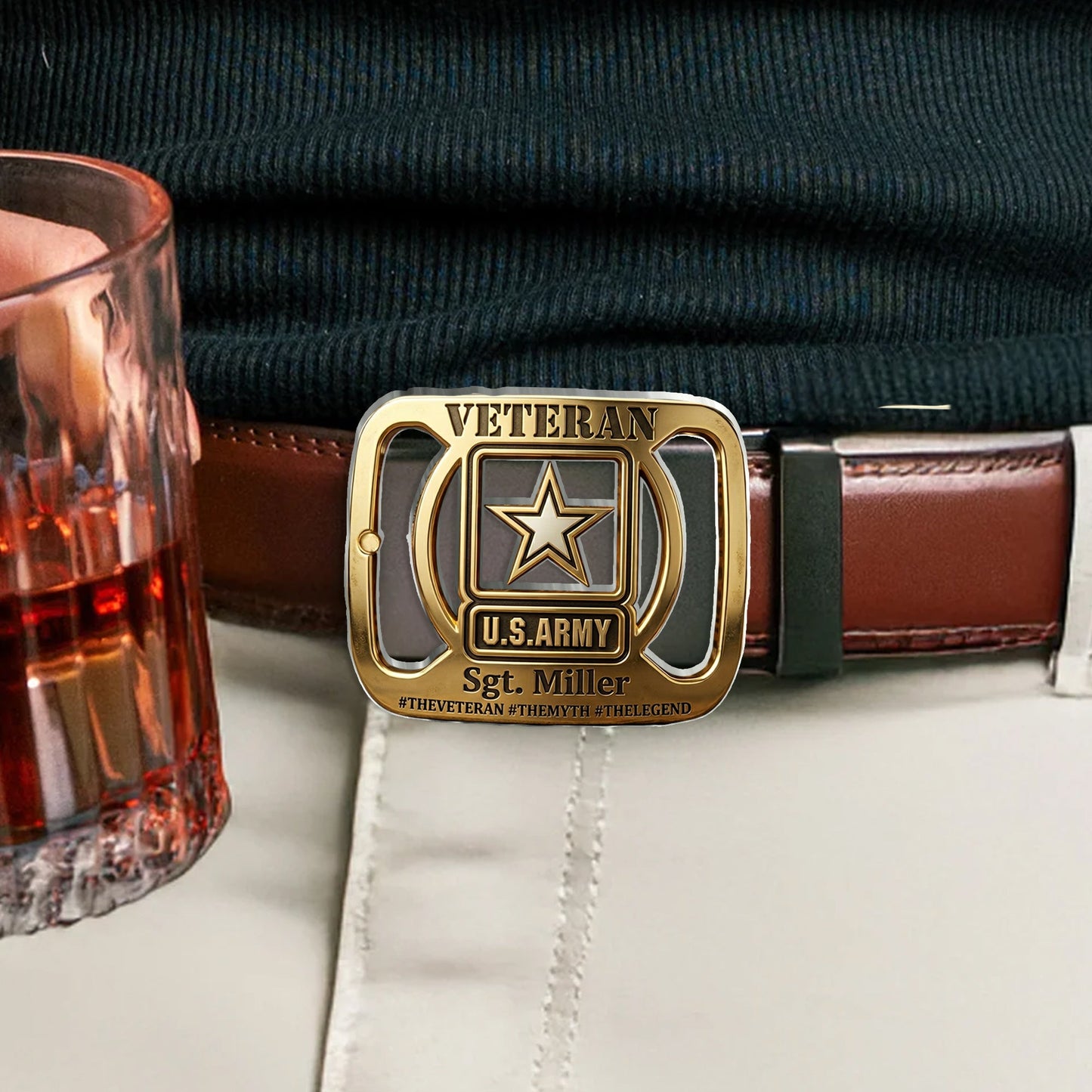 Military Veteran - Personalized Veteran Leather Belt With Shaped Buckle