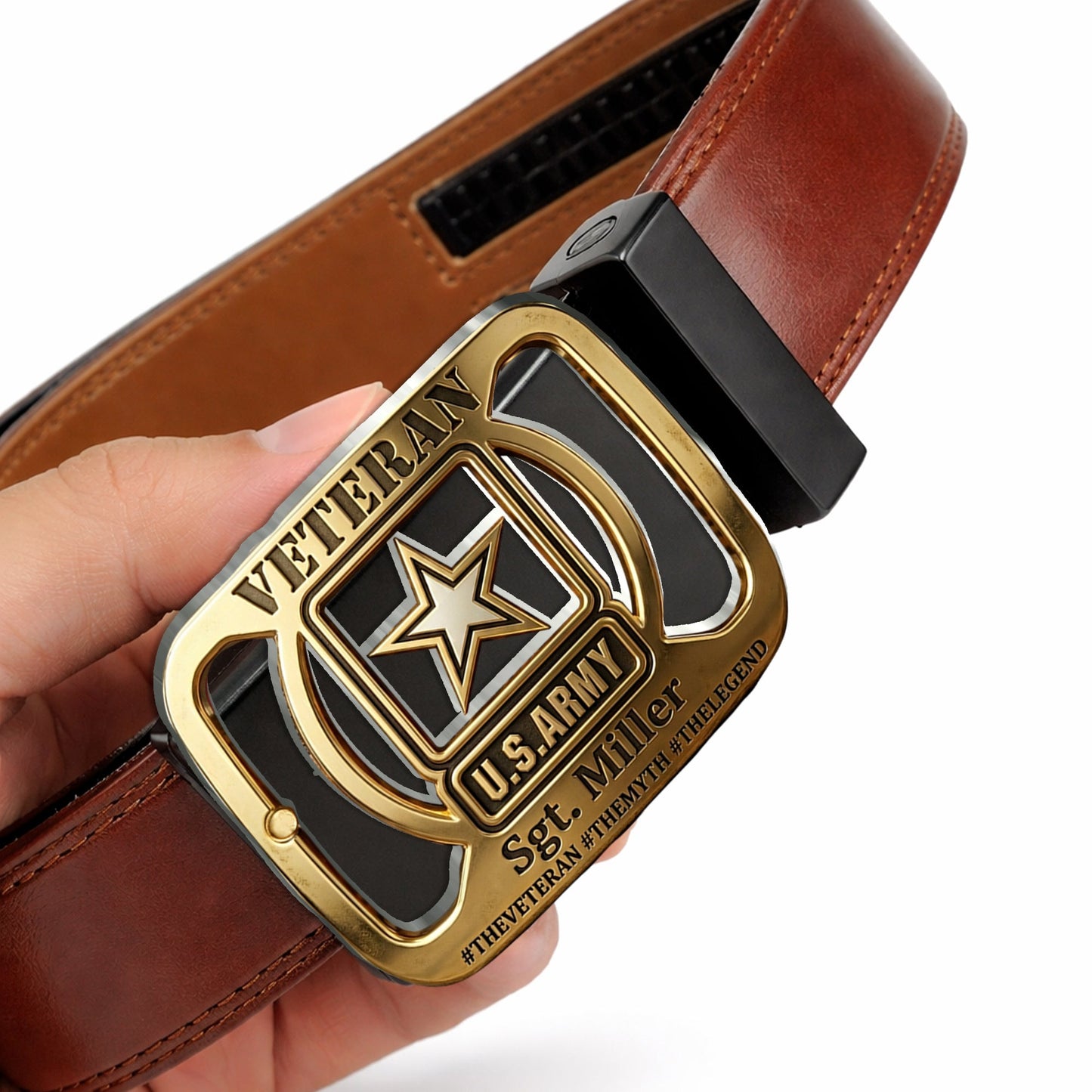 Military Veteran - Personalized Veteran Leather Belt With Shaped Buckle