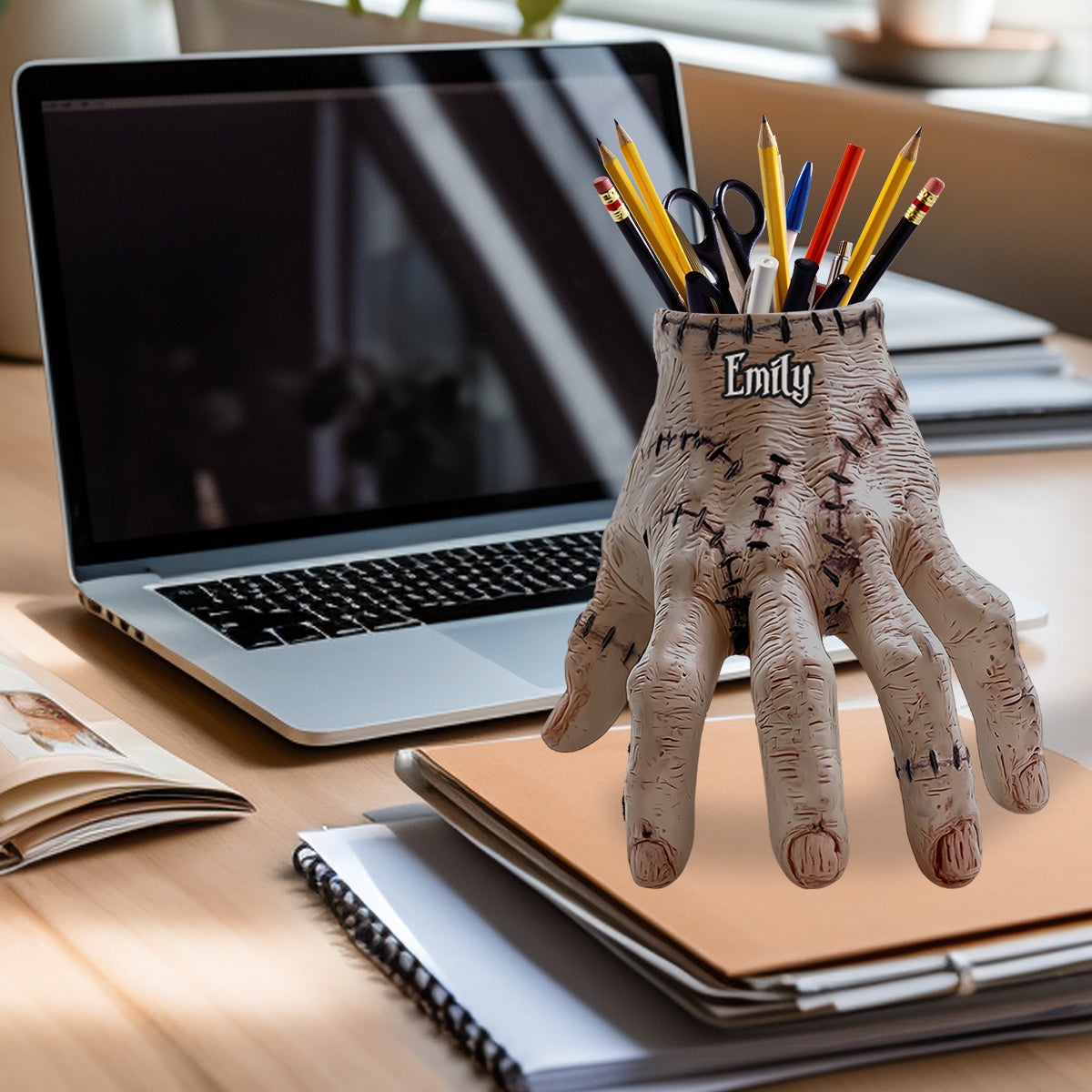 Creepy Hand - Personalized Horror Character Wooden Desk Organizer