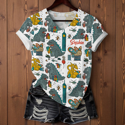 Women's Monster Art Printed Shirt - Personalized Giant Monster Fully Printed V-Neck T-Shirt