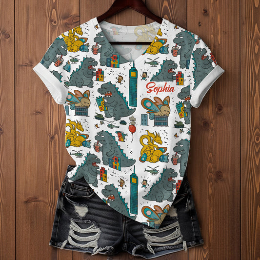 Women's Monster Art Printed Shirt - Personalized Giant Monster Fully Printed V-Neck T-Shirt