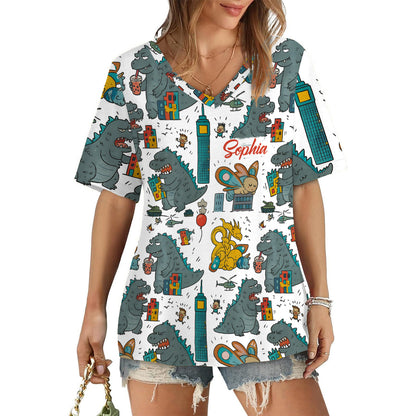 Women's Monster Art Printed Shirt - Personalized Giant Monster Fully Printed V-Neck T-Shirt