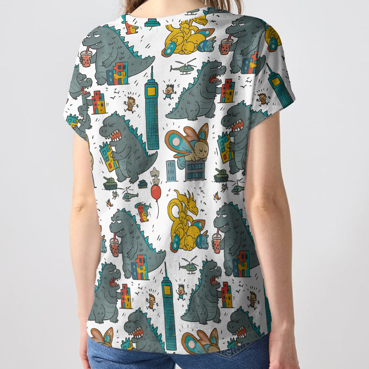 Women's Monster Art Printed Shirt - Personalized Giant Monster Fully Printed V-Neck T-Shirt