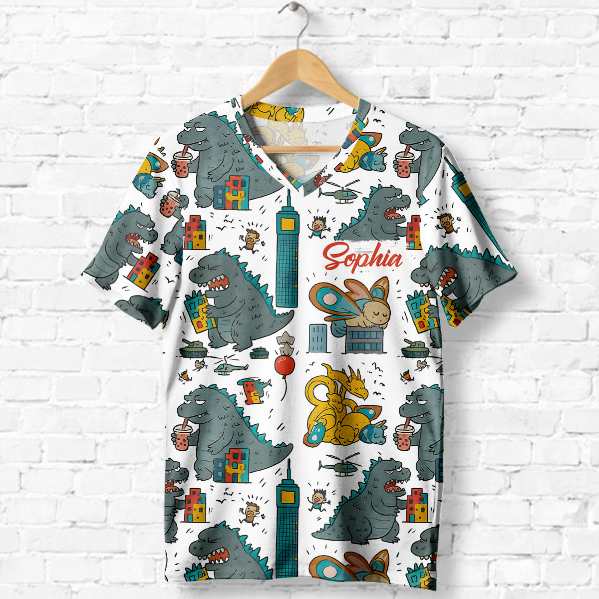 Women's Monster Art Printed Shirt - Personalized Giant Monster Fully Printed V-Neck T-Shirt