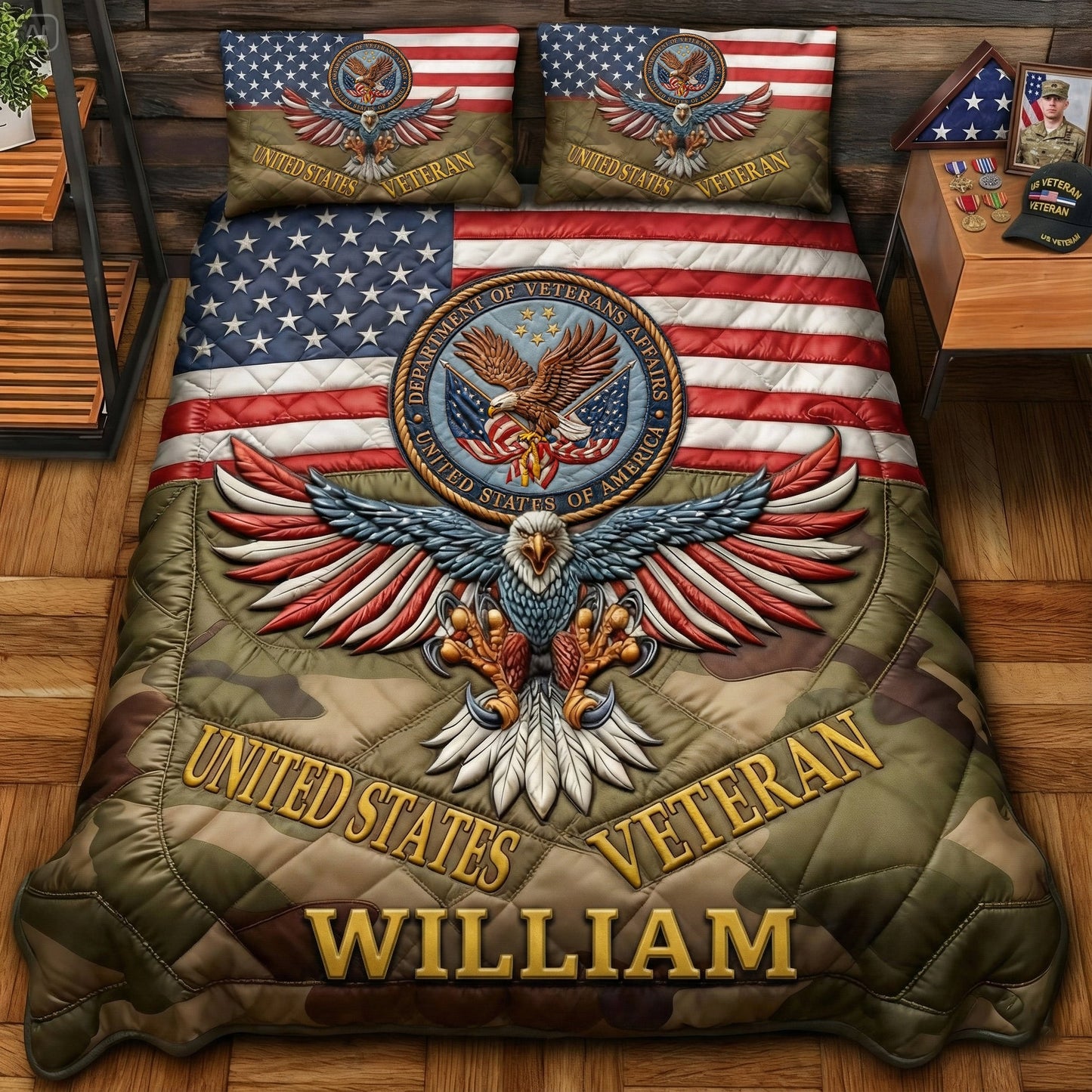 Patriotic Eagle & Flag - Personalized Veteran Bedding Set