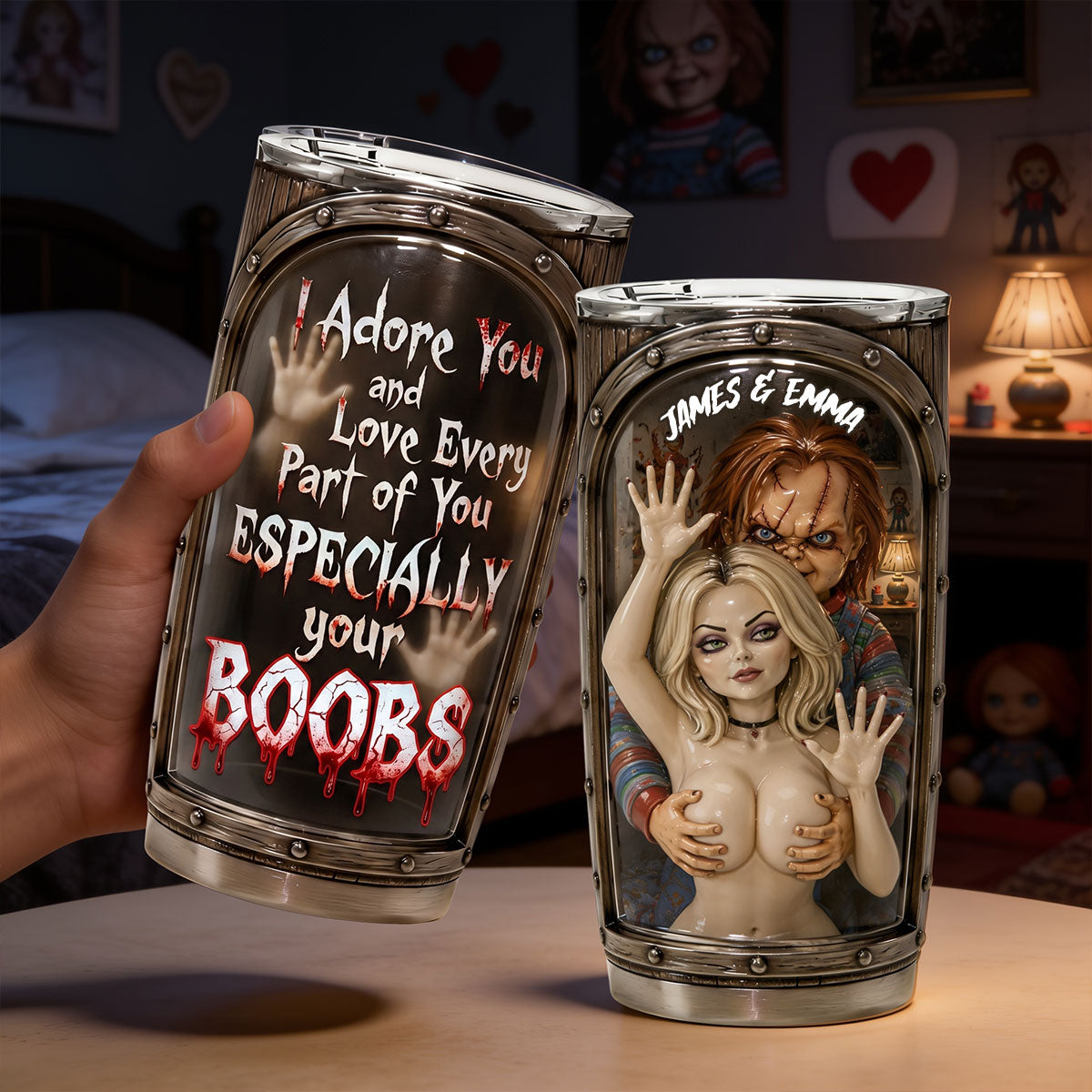 Naughty Creepy Doll Couple - Personalized Horror Character Tumbler