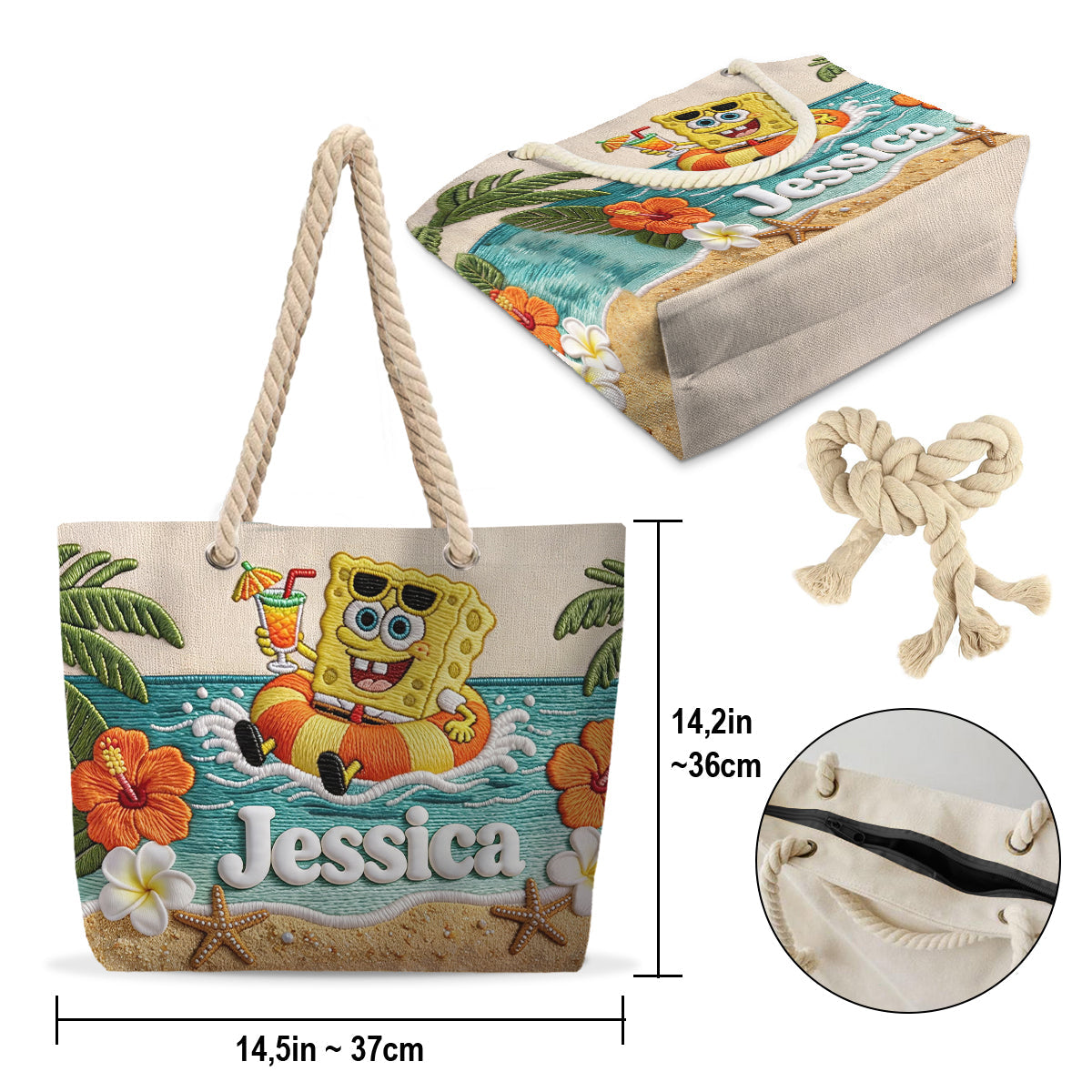 Cute Sponge Tropical Beach - Personalized Yellow sponge Beach Bag