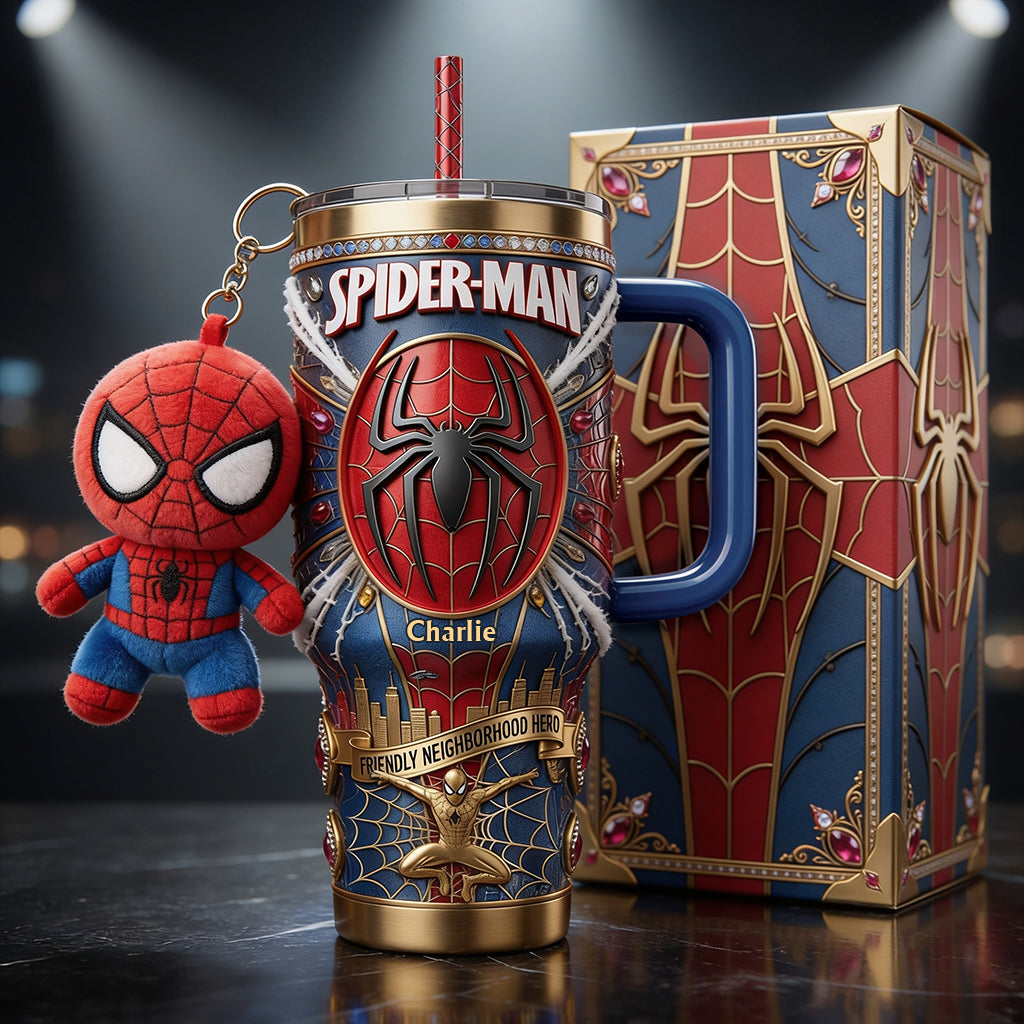 Friendly Neighborhood Hero - Personalized Spider-Verse Tumbler With Plush Charm