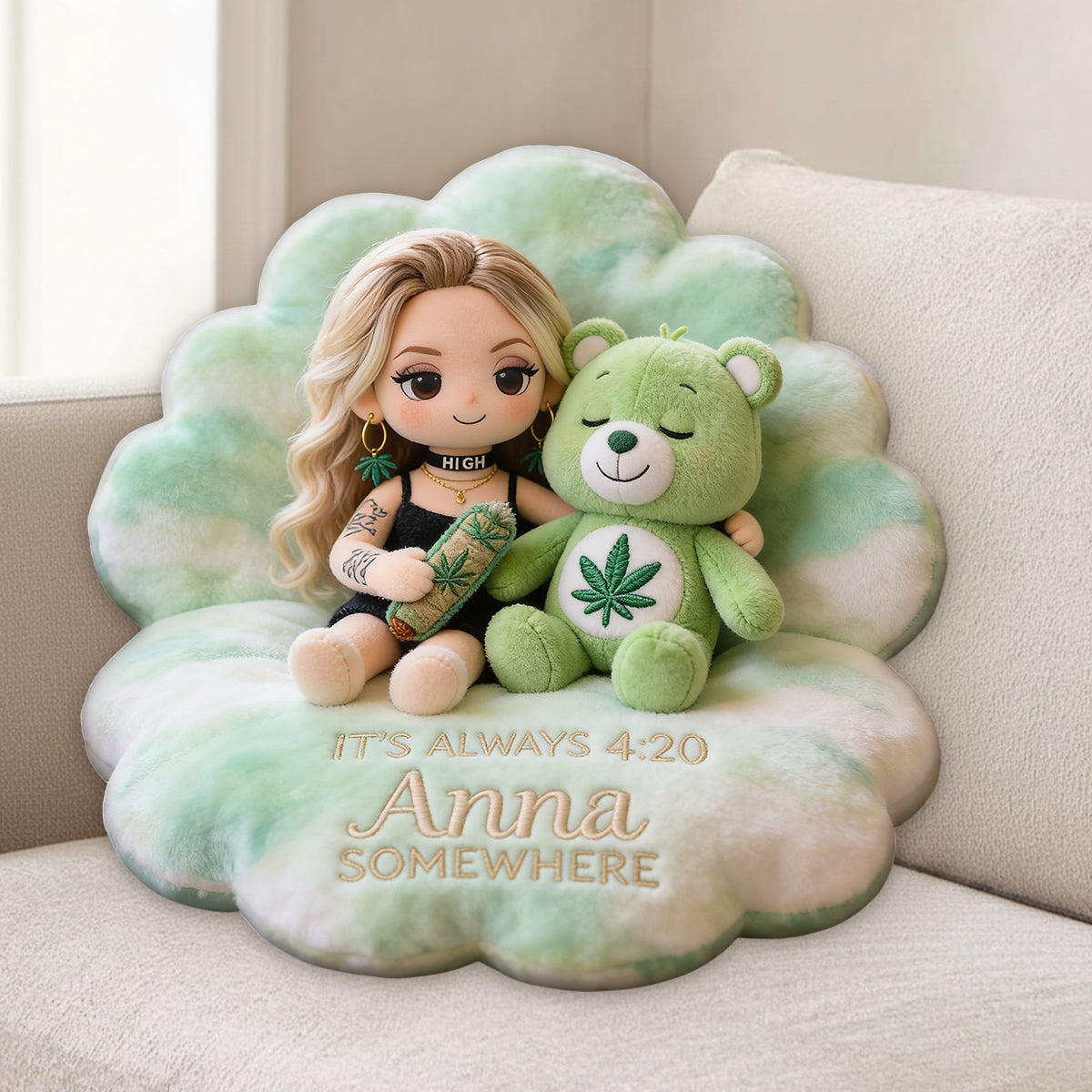 The Bear Who Doesn't Care - Personalized Weed Premium Faux Fur Pillow