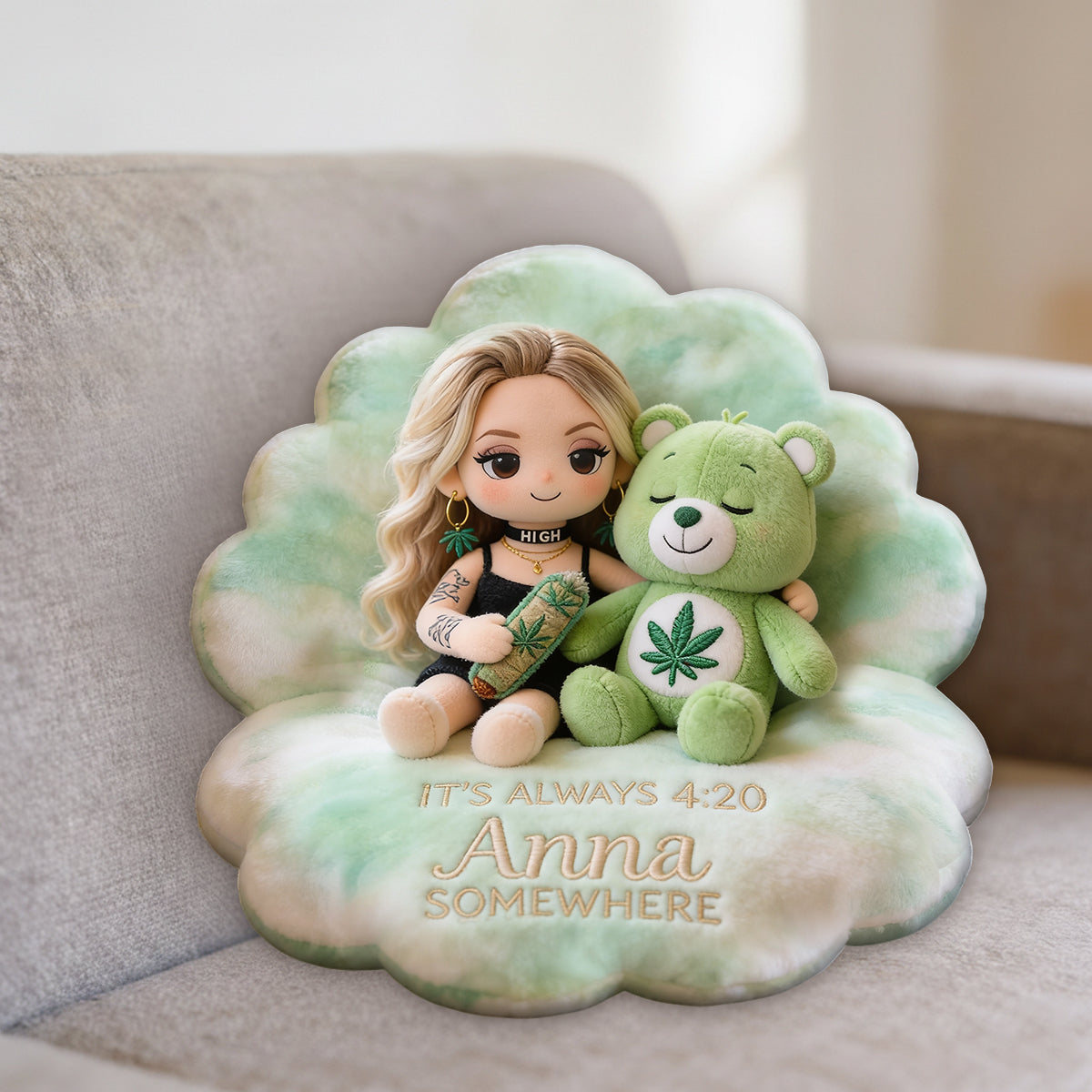 The Bear Who Doesn't Care - Personalized Weed Premium Faux Fur Pillow
