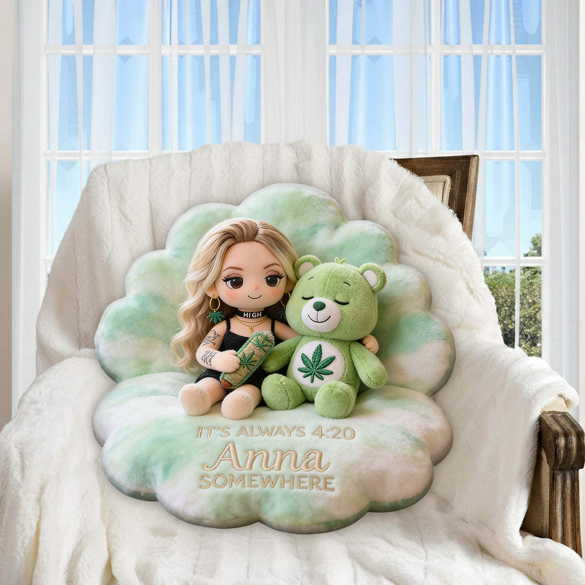 The Bear Who Doesn't Care - Personalized Weed Premium Faux Fur Pillow