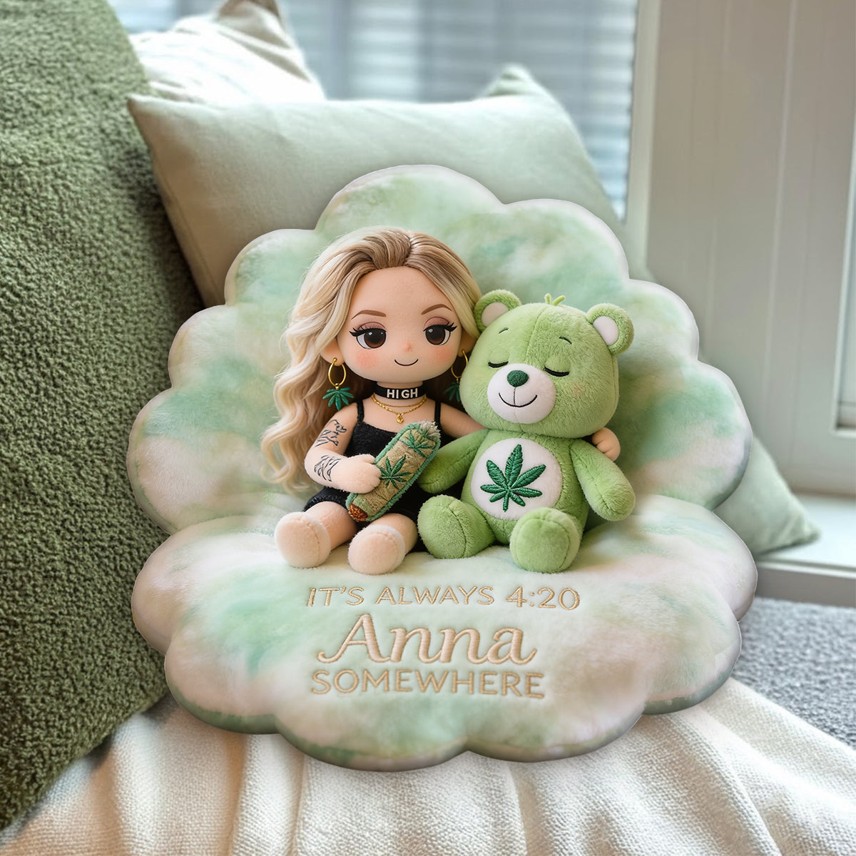 The Bear Who Doesn't Care - Personalized Weed Premium Faux Fur Pillow