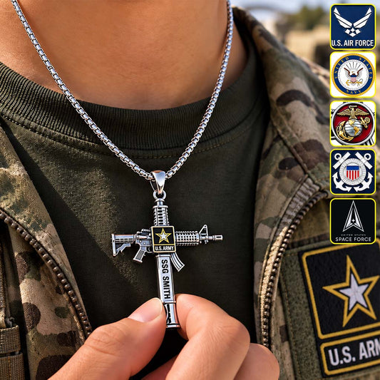 Military Rifle Cross - Personalized Veteran Shaped Metal Pendant Necklace