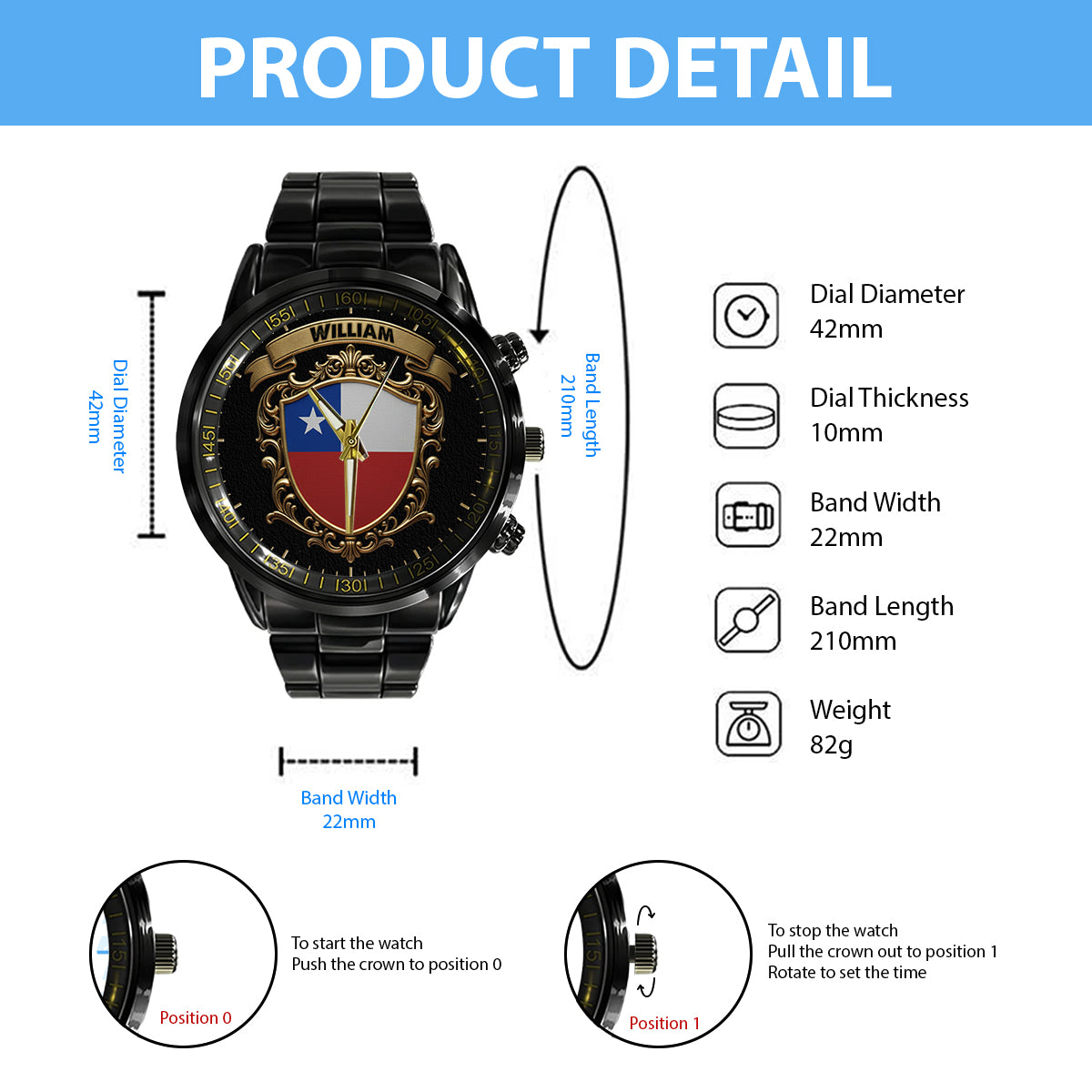 Flag of Chile - Personalized Expats Hand Watch