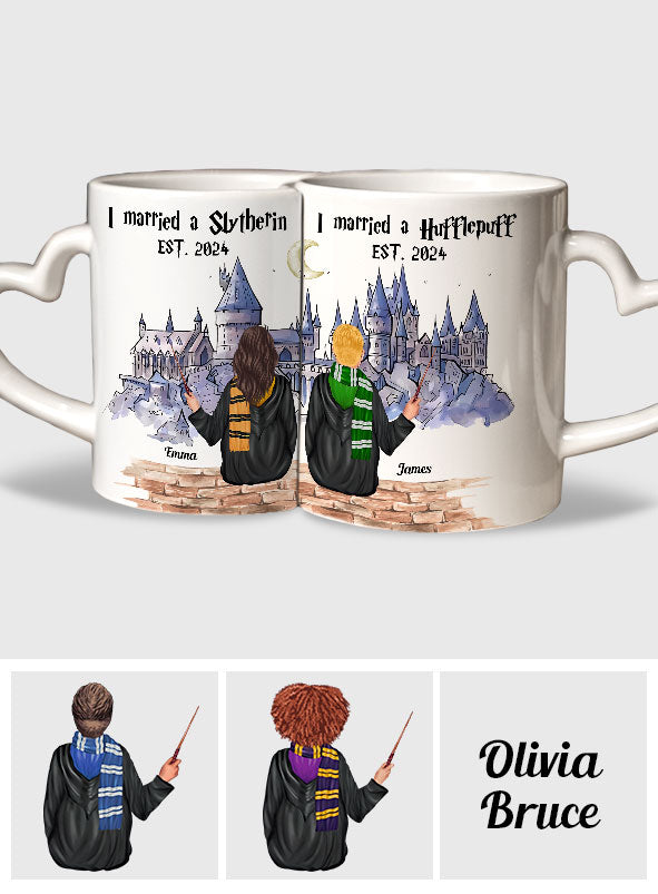 I married a Hufflepuff - Personalized Couple Matching Heart Handle Mug