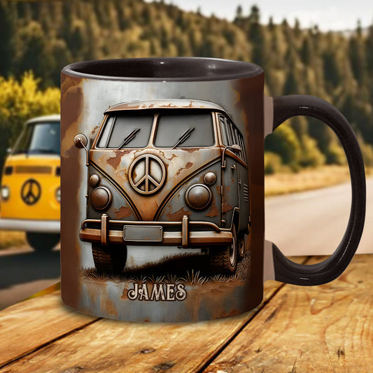 Vintage Camper Van Peace Symbol - Personalized Hippie Accent Mug