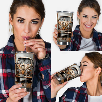 Vintage Camper Van Peace Symbol - Personalized Hippie Tumbler