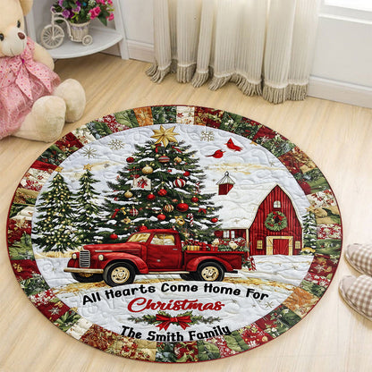 All Hearts Come Home For Christmas - Personalized Family Round Rug