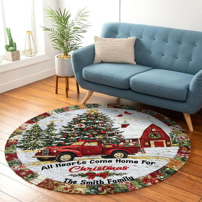 All Hearts Come Home For Christmas - Personalized Family Round Rug