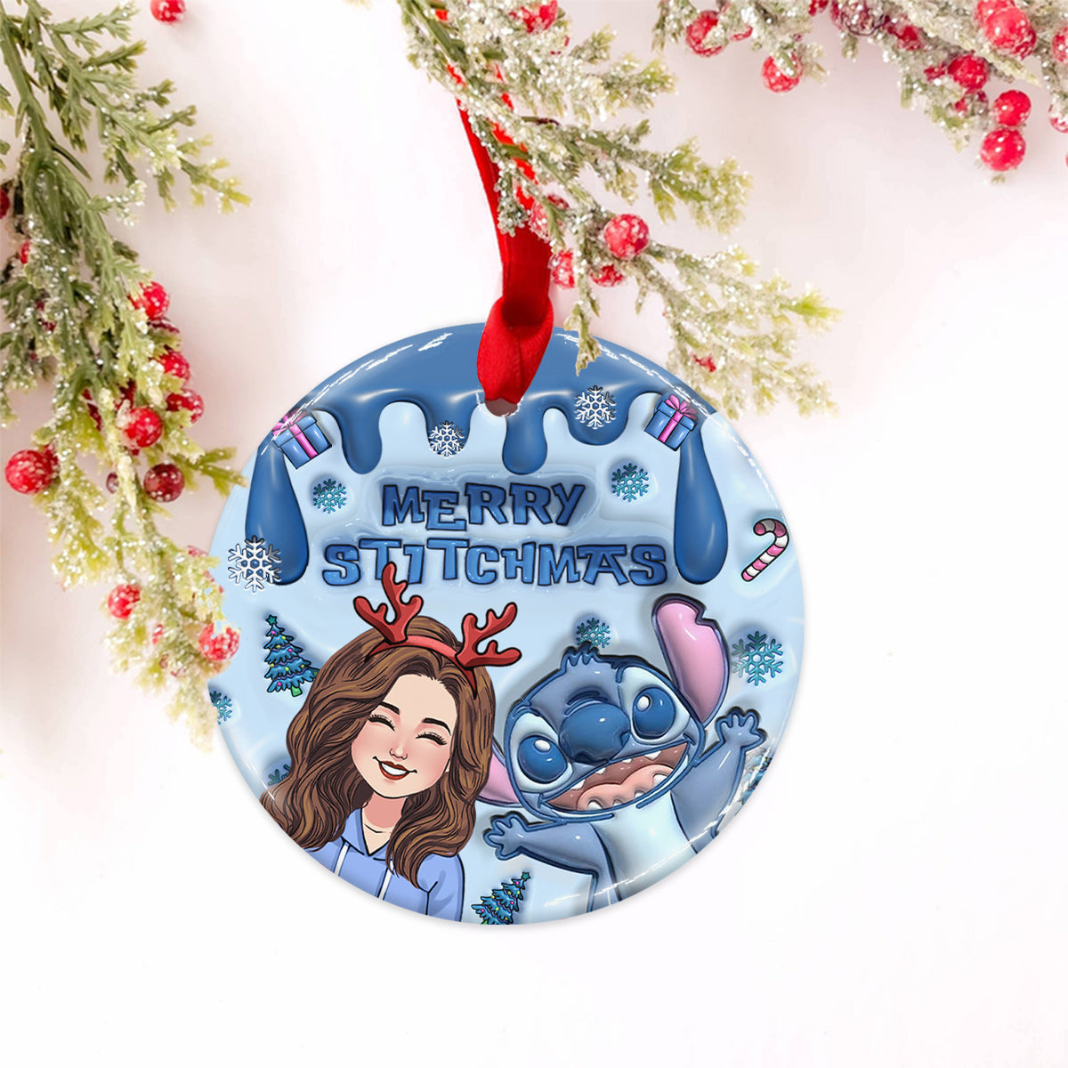 Ohana Merry Stitchmas - Personalized Ohana Ceramic Circle Ornament