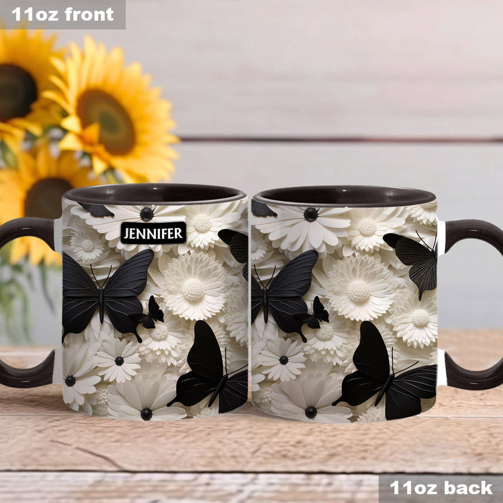 Elegant Black And White Butterflies And Flowers - Personalized Butterfly Accent Mug