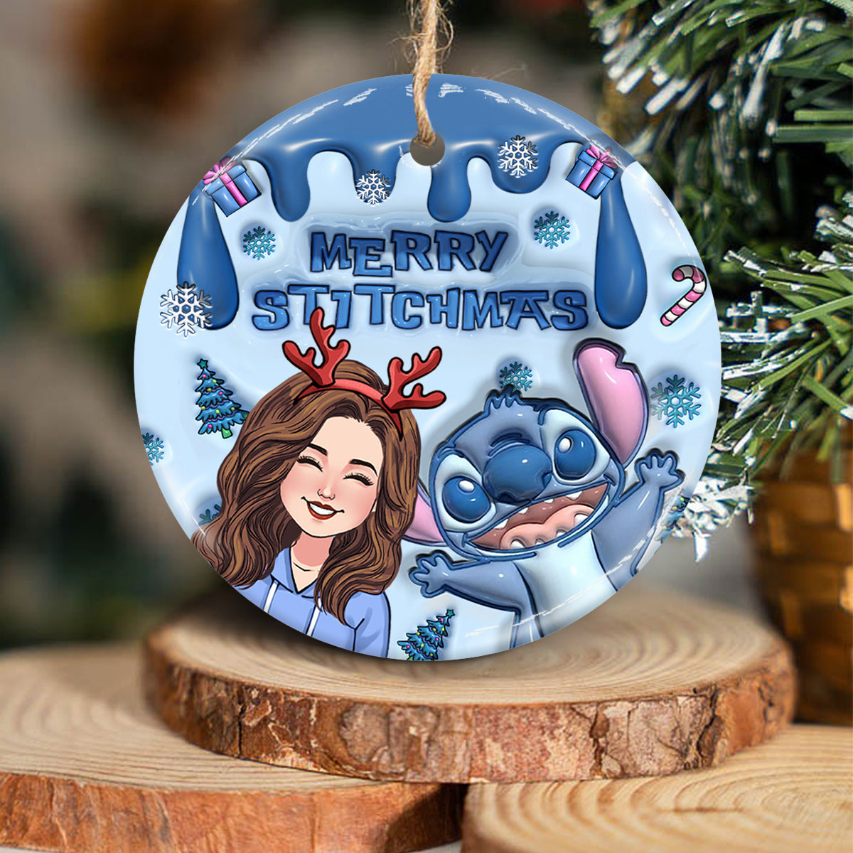 Ohana Merry Stitchmas - Personalized Ohana Ceramic Circle Ornament