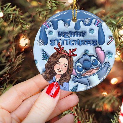 Ohana Merry Stitchmas - Personalized Ohana Ceramic Circle Ornament