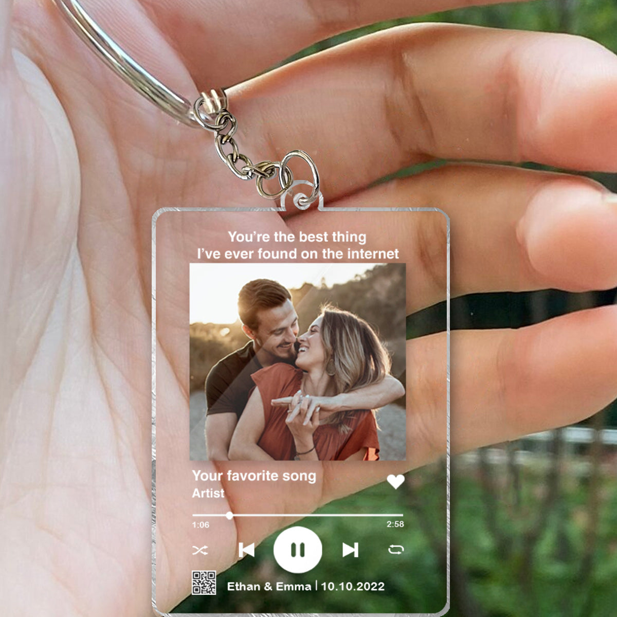 Custom Photo And Favorite Song Scannable QR Code - Personalized Husband And Wife Transparent Keychain