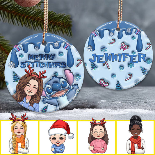 Ohana Merry Stitchmas - Personalized Ohana Ceramic Circle Ornament