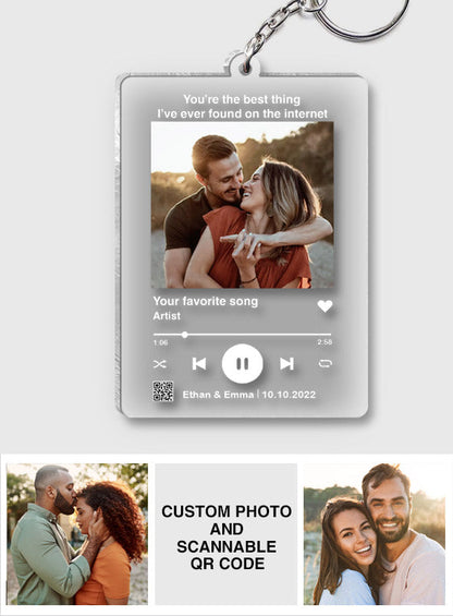 Custom Photo And Favorite Song Scannable QR Code - Personalized Husband And Wife Transparent Keychain