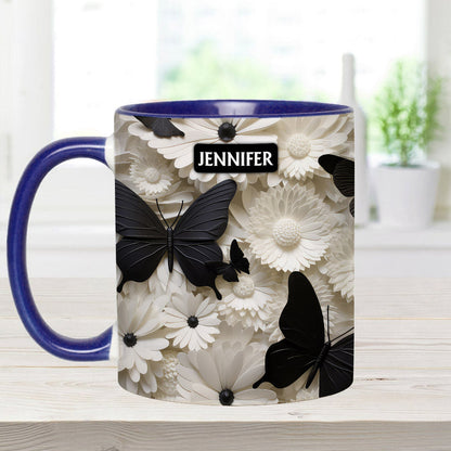 Elegant Black And White Butterflies And Flowers - Personalized Butterfly Accent Mug