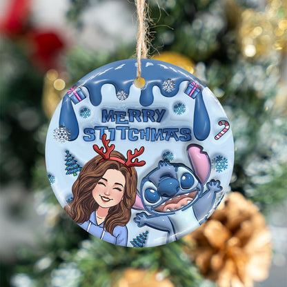 Ohana Merry Stitchmas - Personalized Ohana Ceramic Circle Ornament